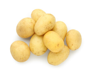 Pile of young fresh potatoes isolated on white, top view
