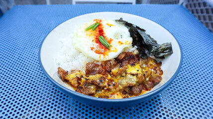 Garlic Butter Karaage on a plate, Japanese deep fried chicken with garlic and buuter seasoning