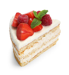 Piece of tasty sponge cake with fresh berries and mint isolated on white