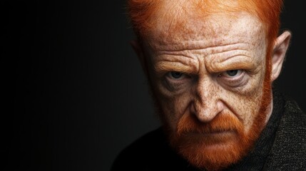 Fototapeta premium A gritty portrait of a rugged redhaired Irish man with a stern expression captured in a dark moody setting with harsh shadows and a dramatic contrast between light and dark his weathered face and pier