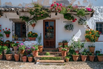 photograph of the White House in a village with flower pots