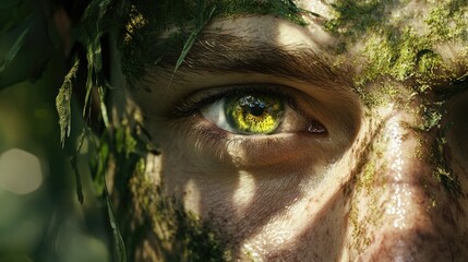 Close-Up of a Green-Eyed Man Covered in Moss