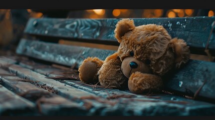 Filtered lonely abandoned teddy bear toy lying on the wooden bench