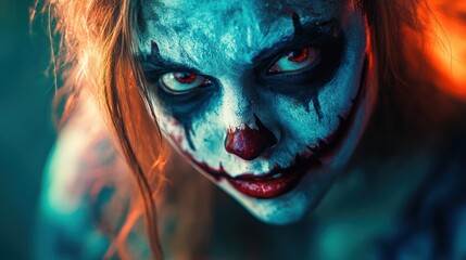 A woman with red eyes and a skull painted on her face