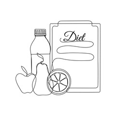 Continuous one line drawing of fruits, bottle of water and diet menu. Line art concept of healthy eating and dieting. Vector illustration on isolated