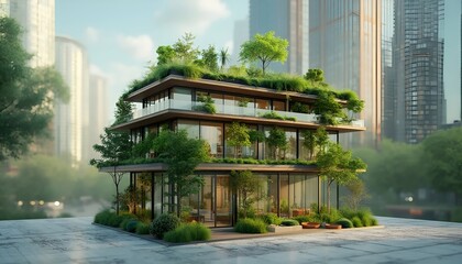 Modern Eco-Friendly Building with Vertical Gardens in Urban Environment