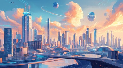 Futuristic Cityscape at Sunset with Flying Objects