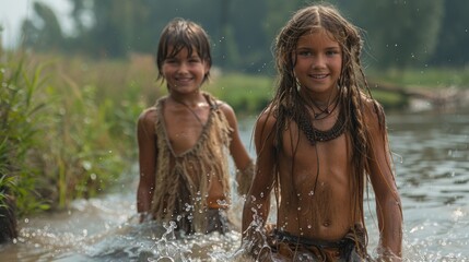 Obraz premium Saga of youth - viking children embracing lifestyle of their ancestors, delving into customs, activities, rich cultural heritage that molds spirited lives of these historic young warriors.