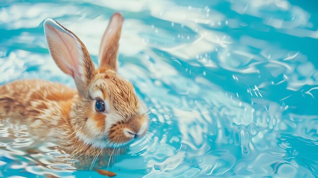 floating cute bunny rabbit in the blue water of a swimming pool