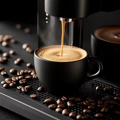 Contemporary Coffee Bliss - Modern coffee machine filling black cup with steaming fresh coffee amidst coffee beans for an energizing moment