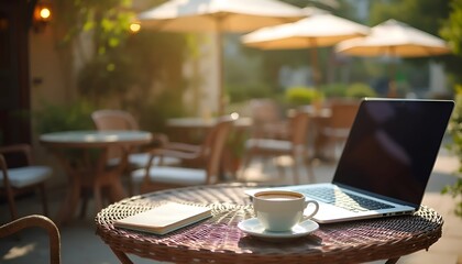 Cozy Outdoor Workspace with Laptop and Coffee - Perfect for Remote Work