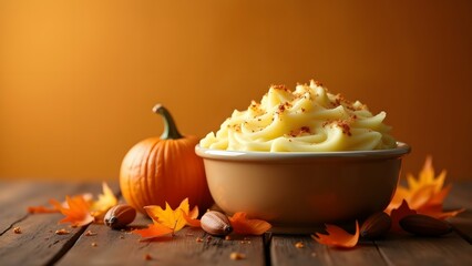 A bowl of creamy mashed potatoes with fall decor, including a small pumpkin, leaves, and acorns, set against a warm orange backdrop