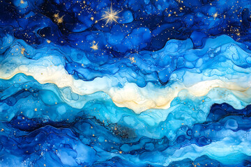 Defocused magic stars background with beautiful bokeh, winter holiday snow ink drawing, abstract ocean waves and sky watercolor illustration in blue, white, teal colors. 