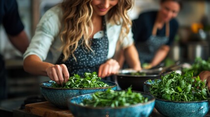 Woman Preparing Salad with Fresh Greens in Kitchen