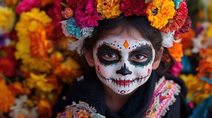 A girl with a skeleton face painted on her face is surrounded by flowers