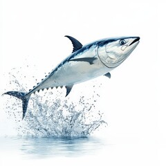 Energetic Tuna Fish Leap - Dynamic AI Generated Image of Tuna Jumping Out of Water on White Background