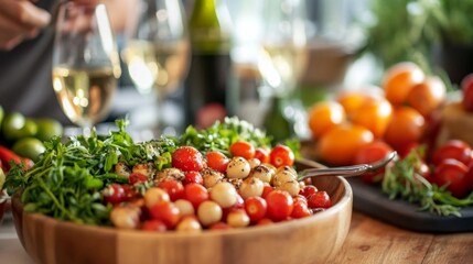 Fresh Salad with Cherry Tomatoes  Herbs  and White Wine in Wooden Bowl