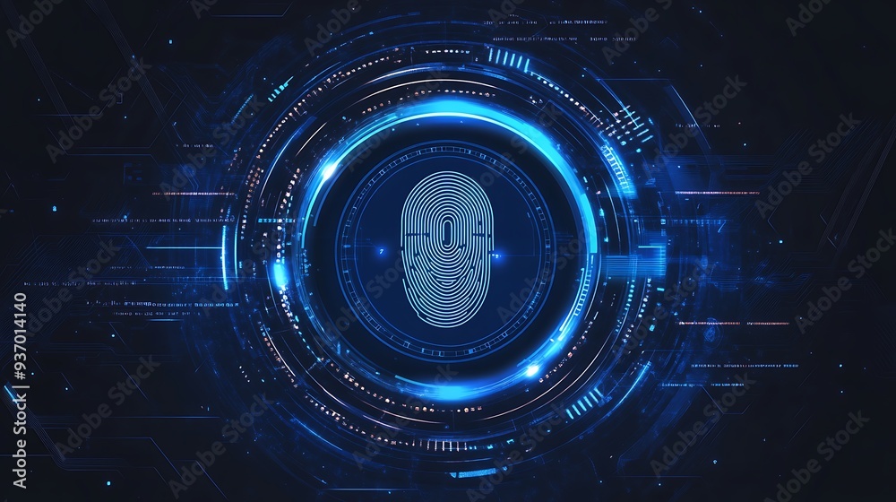 Poster Digital Fingerprint Authentication Interface with Glowing Blue and Orange Rings