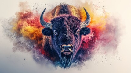Majestic Bison Portrait with Vibrant Colorful Smoke Background in Artistic Digital Illustration