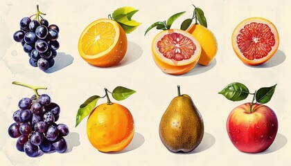 Various fresh fruits assortment including oranges, apples, grapefruit, pears, and pomegranates for a healthy lifestyle and nutrition