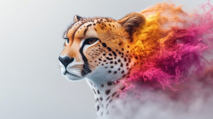 Stunning Digital Art of a Cheetah with Vibrant Colorful Smoke Effect on a Light Background