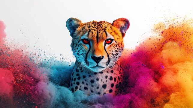 Vibrant Cheetah Portrait with Colorful Powder Explosion Background in Studio Setting