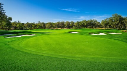 sprawling lawn under a bright blue sky, forming the expansive grounds of a large golf park