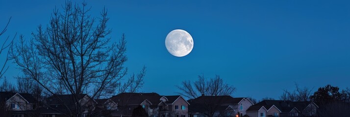 Naklejka premium Full moon illuminating residential homes beneath a bright blue sky with leafless trees in a spring setting.