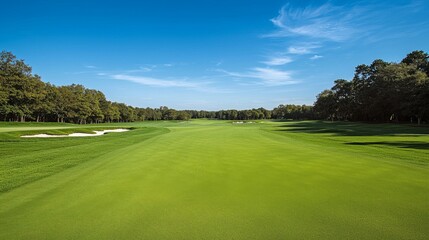 sprawling lawn under a bright blue sky, forming the expansive grounds of a large golf park