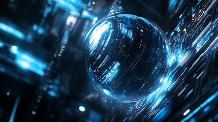 A Blue Orb Glowing with Digital Data Over a Black Circuit Board