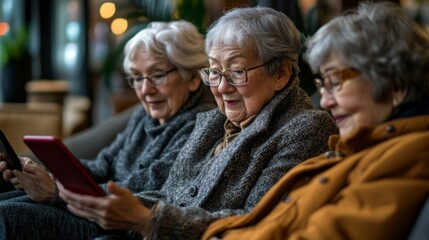Senior Women Using Tablet and Smartphone in Cafe