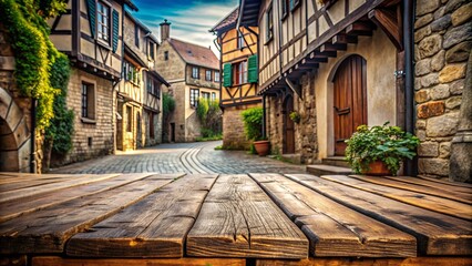 Fototapeta premium Medieval wooden platform situated in a cobblestone street of a charming village