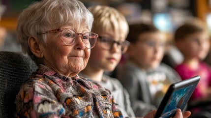 Senior Woman Watching Tablet with Children
