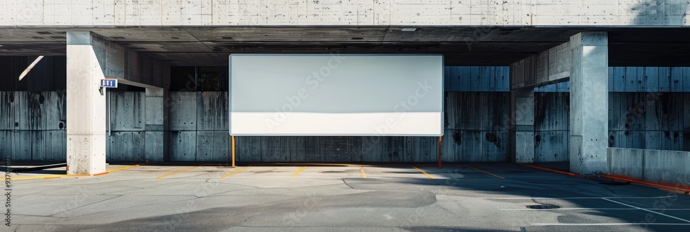 Wall mural Blank white advertisement banner positioned among grey concrete beams in a parking structure on a sunny day.