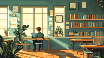 Man working at desk in modern office with bookshelves and plants