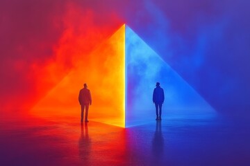 Artistic depiction of a man and a robot standing in a triangular glowing environment symbolizing the balance between human and artificial intelligence in a futuristic world