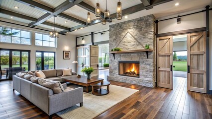 Modern house interior with barn doors opening to spacious living room with stone fireplace