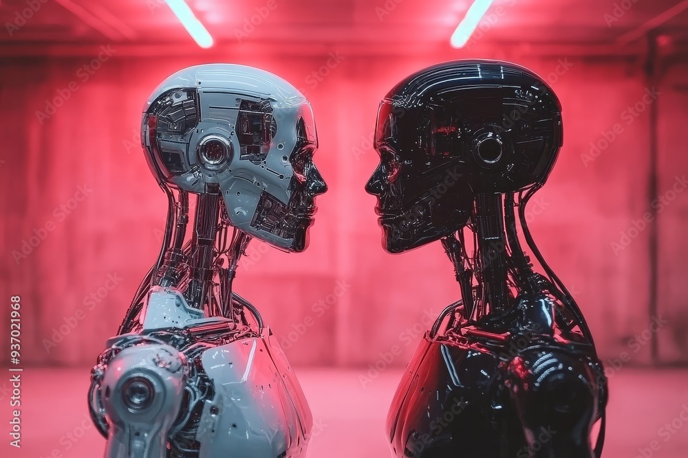 Sticker Close up of two humanoid robots with red and blue lighting representing the duality and contrast between different aspects of artificial intelligence in a high tech world