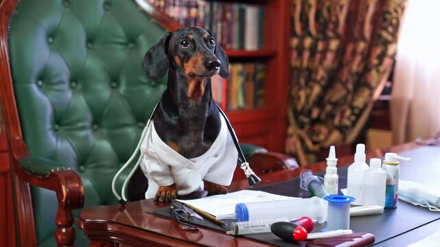 Dachshund dog in a white doctor's coat with a stethoscope sitting at a table with medicines in a luxurious office of a veterinary clinic Pet medical insurance, treatment by a zoopsychologist, check-up