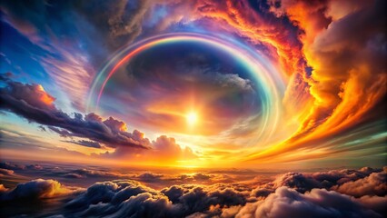 Fototapeta premium Rainbow-colored clouds swirling around circular sun with dramatic lighting and intense contrast for breathtaking atmospheric landscape