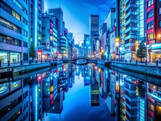 Obraz premium Intense blue hour cityscapes of Tokyo neon lights reflections