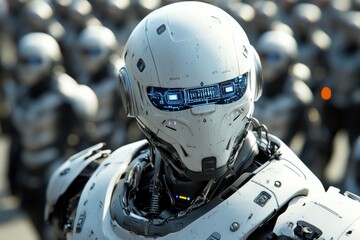 Fototapeta premium Futuristic robot in a crowded environment representing the role of artificial intelligence in modern society and the integration of robotics into public spaces