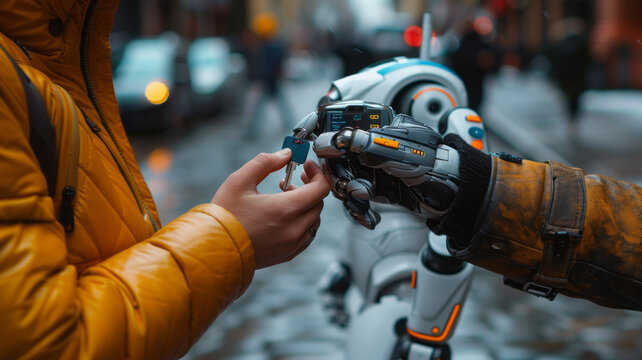 sad real estate agent in Sydney Australia handing keys to a robot on the street with their hands and keys slighly above middle of frame