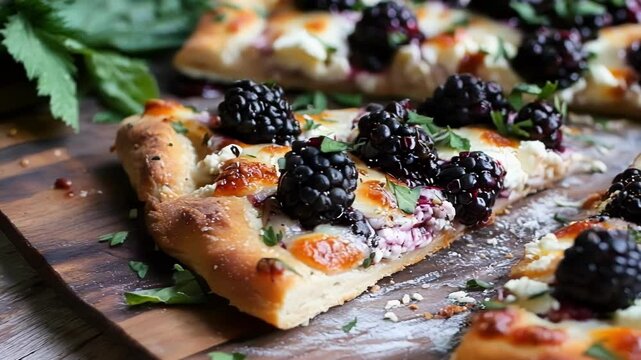 Slices of gourmet blackberry pizza are sitting on a wooden cutting board. The pizza is topped with fresh blackberries, herbs, and goat cheese