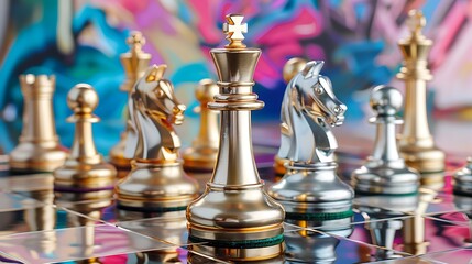 Golden and silver chess pieces on chess board isolated on colorful background