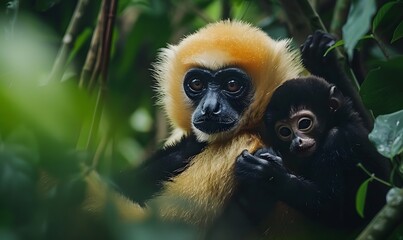 Obraz premium close image of Yellow Cheeked Gibbon monkey (Nomascus Gabriallae) mother with child in the forest. 
