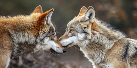 Obraz premium Juvenile Wolf Engaging in Play with Mature Canine