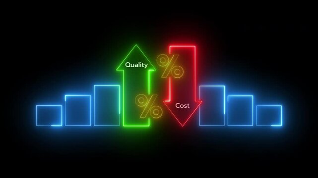 Quality control and company cost reduction. Cost and quality control concept. Successful organization strategy and management. Percentage icon of quality with up arrow and cost with down arrow.