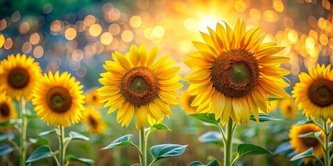 Fototapeta premium Vibrant sunflowers in full bloom standing tall in a field with a blurred bokeh background