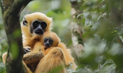 Obraz premium close image of Yellow Cheeked Gibbon monkey (Nomascus Gabriallae) mother with child in the forest. 